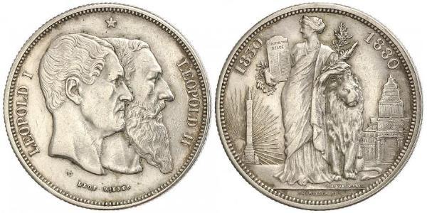 5 Franc Bélgica Plata Leopold II (1835 - 1909) / Leopoldo I de Bélgica (1790-1865)