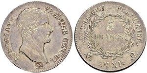 5 Franc Primer Imperio francés (1804-1814) Plata Napoleón Bonaparte(1769 - 1821)