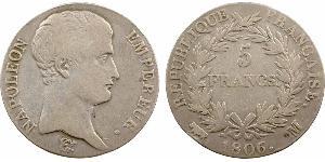 5 Franc Primer Imperio francés (1804-1814) Plata Napoleón Bonaparte(1769 - 1821)