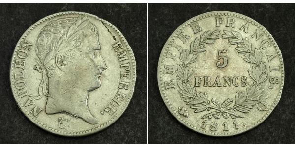 5 Franc Primer Imperio francés (1804-1814) Plata Napoleón Bonaparte(1769 - 1821)