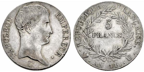 5 Franc Primer Imperio francés (1804-1814) Plata Napoleón Bonaparte(1769 - 1821)