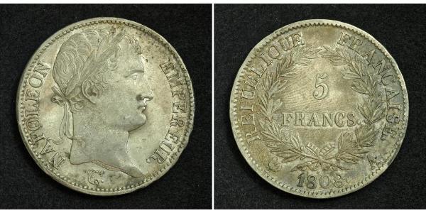 5 Franc Primer Imperio francés (1804-1814) Plata Napoleón Bonaparte(1769 - 1821)