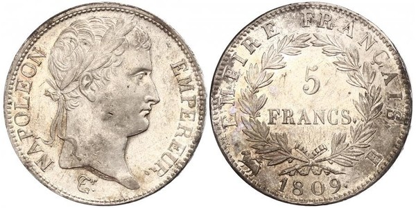 5 Franc Primer Imperio francés (1804-1814) Plata Napoleón Bonaparte(1769 - 1821)