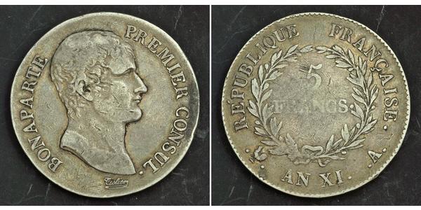 5 Franc Primer Imperio francés (1804-1814) Plata Napoleón Bonaparte(1769 - 1821)