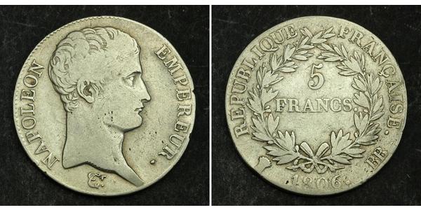 5 Franc Primer Imperio francés (1804-1814) Plata Napoleón Bonaparte(1769 - 1821)