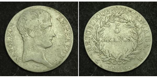 5 Franc Primer Imperio francés (1804-1814) Plata Napoleón Bonaparte(1769 - 1821)