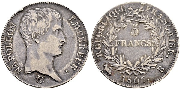 5 Franc Primer Imperio francés (1804-1814) Plata Napoleón Bonaparte(1769 - 1821)