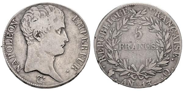 5 Franc Primer Imperio francés (1804-1814) Plata Napoleón Bonaparte(1769 - 1821)