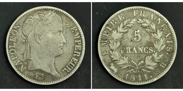 5 Franc Primer Imperio francés (1804-1814) Plata Napoleón Bonaparte(1769 - 1821)