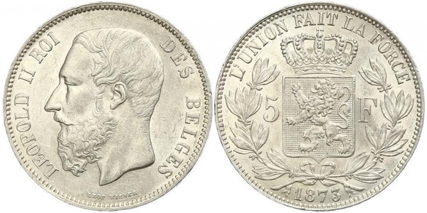 5 Franc Belgien Silber Leopold II (1835 - 1909)