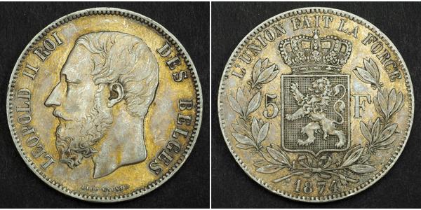 5 Franc Belgien Silber Leopold II (1835 - 1909)