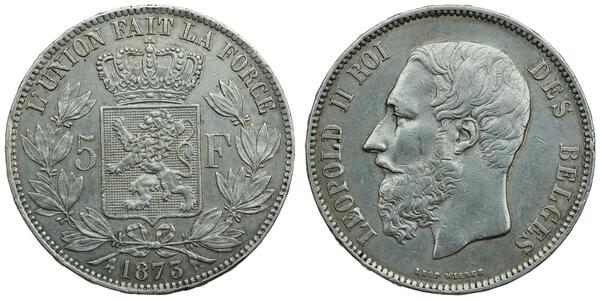 5 Franc Belgien Silber Leopold II (1835 - 1909)