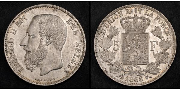 5 Franc Belgien Silber Leopold II (1835 - 1909)