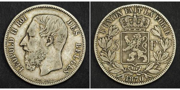 5 Franc Belgien Silber Leopold II (1835 - 1909)