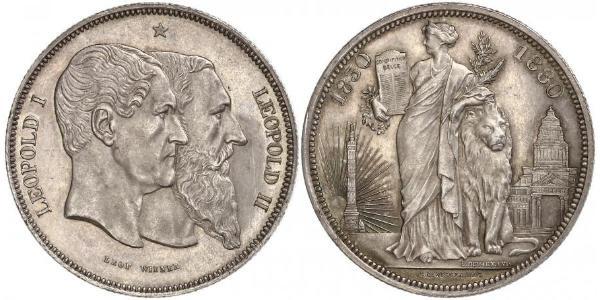 5 Franc Belgien Silber Leopold II (1835 - 1909) / Leopold I. (Belgien) (1790-1865)