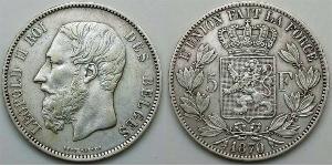 5 Franc Belgium Silver Leopold II of Belgium(1835 - 1909)