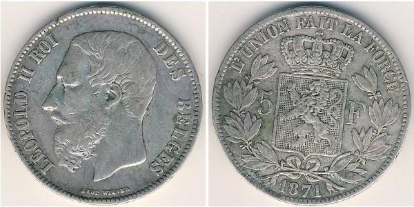 5 Franc Belgium Silver Leopold II of Belgium(1835 - 1909)