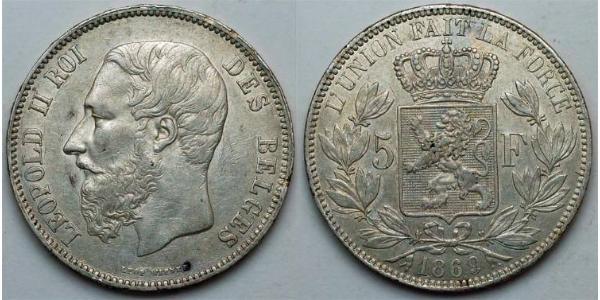5 Franc Belgium Silver Leopold II of Belgium(1835 - 1909)