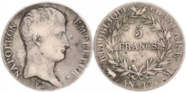 5 Franc First French Empire (1804-1814) Silver Napoleon (1769 - 1821)