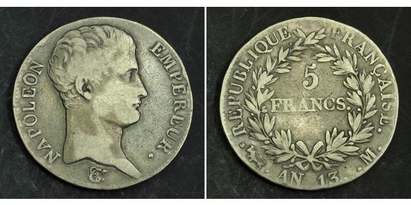 5 Franc First French Empire (1804-1814) Silver Napoleon (1769 - 1821)