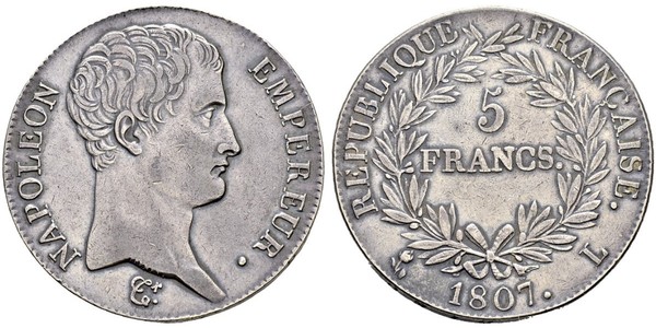 5 Franc First French Empire (1804-1814) Silver Napoleon (1769 - 1821)