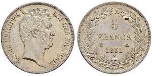 5 Franc July Monarchy (1830-1848) Silver Louis Philippe I of France (1773 -1850)