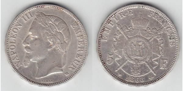 5 Franc Second French Empire (1852-1870) Silver Napoleon III (1808-1873)