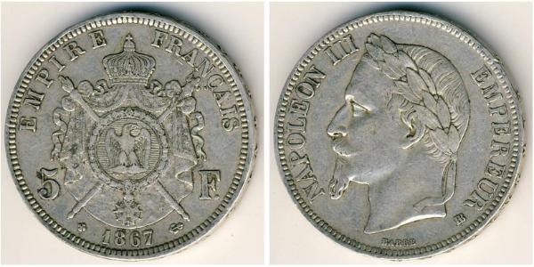 5 Franc Second French Empire (1852-1870) Silver Napoleon III (1808-1873)