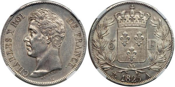 5 Franc 波旁复辟 銀 查理十世 (法兰西) (1757-1836)