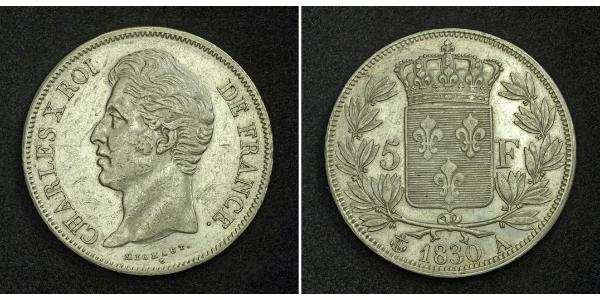 5 Franc 波旁复辟 銀 查理十世 (法兰西) (1757-1836)