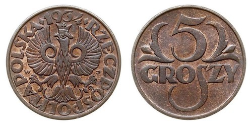 5 Grosh Second Polish Republic (1918 - 1939) Copper Abdullah II of Jordan (1962 - )