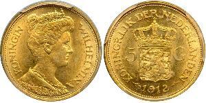 5 Gulden Regno dei Paesi Bassi (1815 - ) Oro Guglielmina dei Paesi Bassi(1880 - 1962)