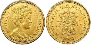 5 Gulden Regno dei Paesi Bassi (1815 - ) Oro Guglielmina dei Paesi Bassi(1880 - 1962)