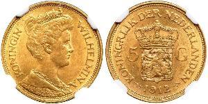 5 Gulden Regno dei Paesi Bassi (1815 - ) Oro Guglielmina dei Paesi Bassi(1880 - 1962)