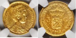 5 Gulden Regno dei Paesi Bassi (1815 - ) Oro Guglielmina dei Paesi Bassi(1880 - 1962)