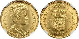 5 Gulden Regno dei Paesi Bassi (1815 - ) Oro Guglielmina dei Paesi Bassi(1880 - 1962)