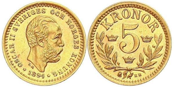 5 Krone Suède Or Oscar II de Suède (1829-1907)