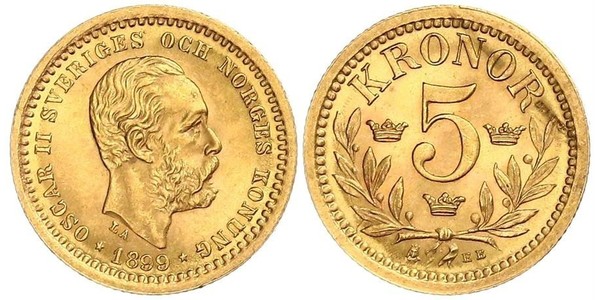 5 Krone Suède Or Oscar II de Suède (1829-1907)