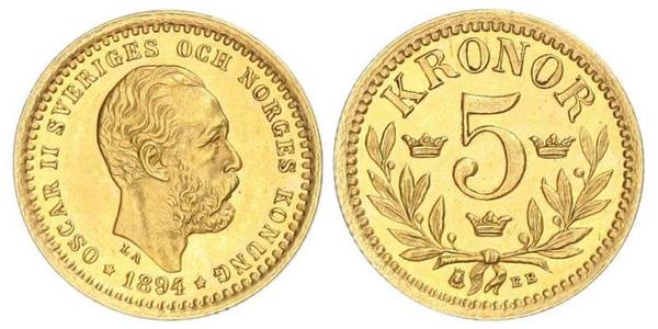 5 Krone Suède Or Oscar II de Suède (1829-1907)