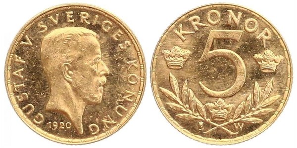 5 Krone Suède Or Gustave V de Suède (1858 - 1950)