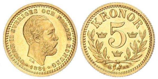 5 Krone Suecia Oro Óscar II de Suecia (1829-1907)