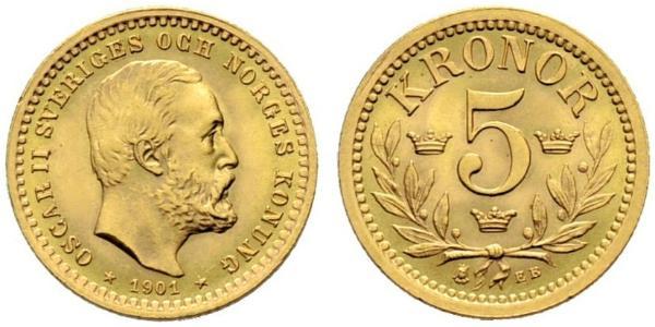 5 Krone 瑞典 金 奧斯卡二世 (1829-1907)