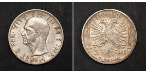 5 Lek Albanian Kingdom (1939-1943) Plata Víctor Manuel III de Italia (1869 - 1947)