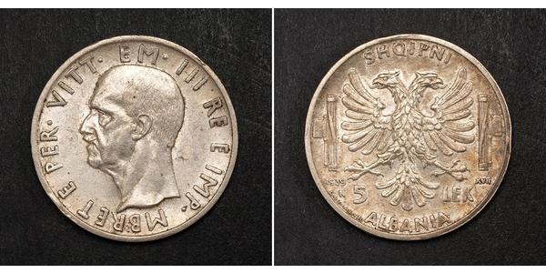 5 Lek Albanian Kingdom (1939-1943) Plata Víctor Manuel III de Italia (1869 - 1947)