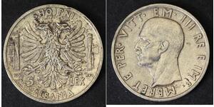 5 Lek 阿尔巴尼亚王国 (1939年－1943年) (1939 - 1943) 銀 维托里奥·埃马努埃莱三世 (1869 - 1947)