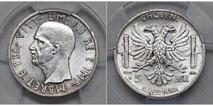5 Lek 阿尔巴尼亚王国 (1939年－1943年) (1939 - 1943) 銀 维托里奥·埃马努埃莱三世 (1869 - 1947)