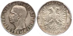5 Lek 阿尔巴尼亚王国 (1939年－1943年) (1939 - 1943) 銀 维托里奥·埃马努埃莱三世 (1869 - 1947)