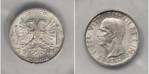 5 Lek 阿尔巴尼亚王国 (1939年－1943年) (1939 - 1943) 銀 维托里奥·埃马努埃莱三世 (1869 - 1947)