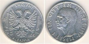 5 Lek 阿尔巴尼亚王国 (1939年－1943年) (1939 - 1943) 銀 维托里奥·埃马努埃莱三世 (1869 - 1947)