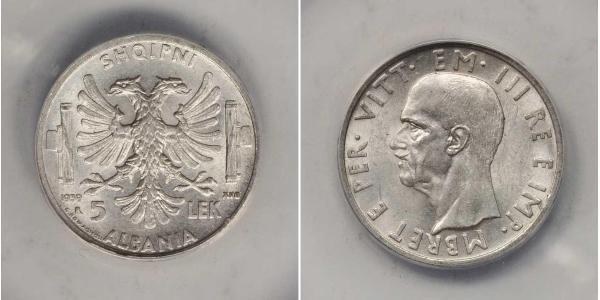 5 Lek 阿尔巴尼亚王国 (1939年－1943年) (1939 - 1943) 銀 维托里奥·埃马努埃莱三世 (1869 - 1947)